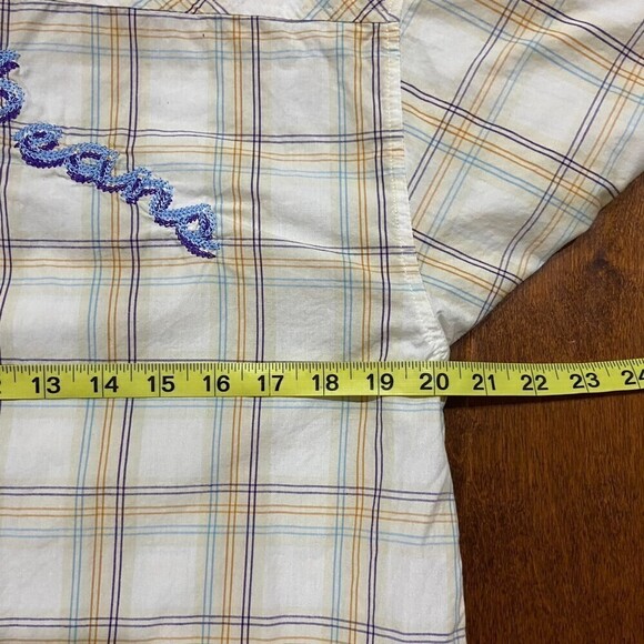 Paco Jeans Vintage Plaid Embroidered Button Down White Tan Blue Kids Size XL - Picture 10 of 11